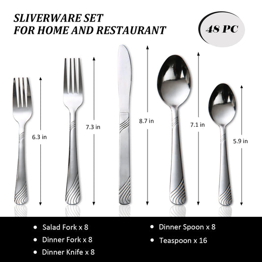 48Pcs Flatware Set, Contemporary Design, Polished, Stainless Steel Tableware