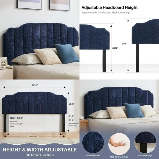 Vertical Queen Size Chenille Upholstered Headboard with Adjustable Height and Width