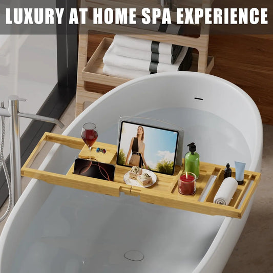 Foldable bathtub caddy tray, bamboo expandable