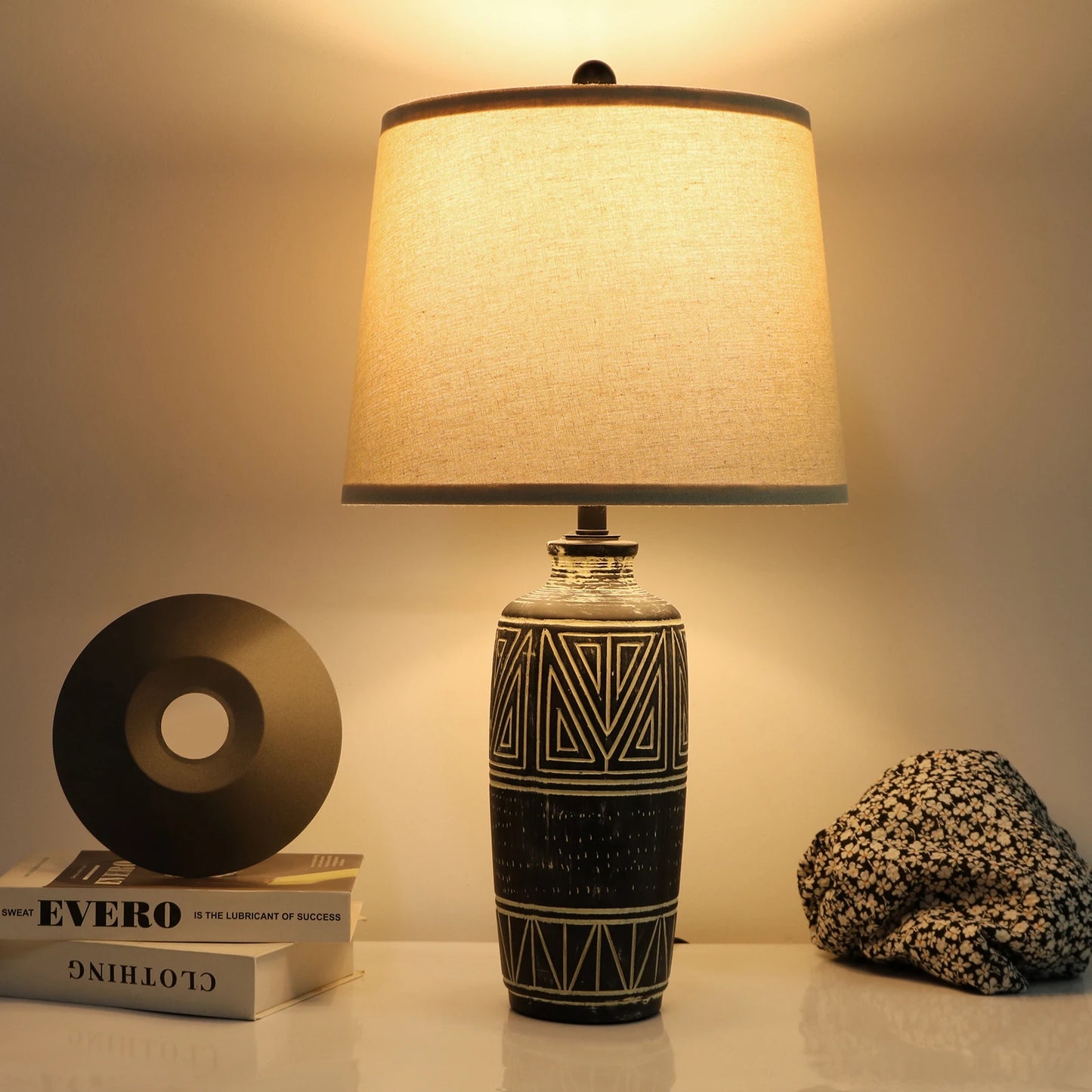 Set of 2 25-Inch Carved Geometric Ceramic Table Lamp With Linen Shade