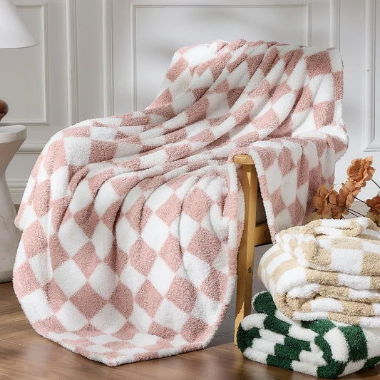 Knitted Pink White Checkered Blanket Super Soft Throw