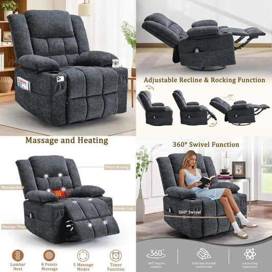 Swivel Rocker Recliner with Massage, Heating, and Cup Holder