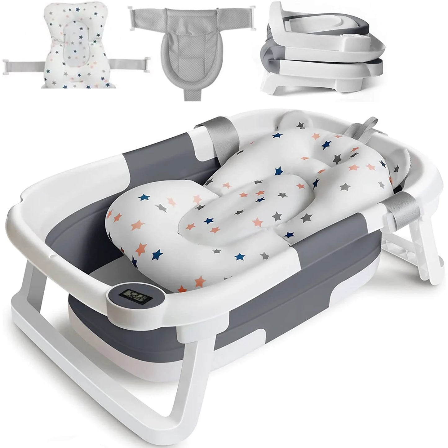 Foldable Baby Bath Tub with Bath Cushion, Thermometer Newborn to Toddler