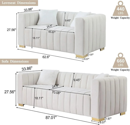 2 Piece Set - Loveseat and 3-Seater Sofa with Channel Tufted, Velvet Fabric,4 Pillows,