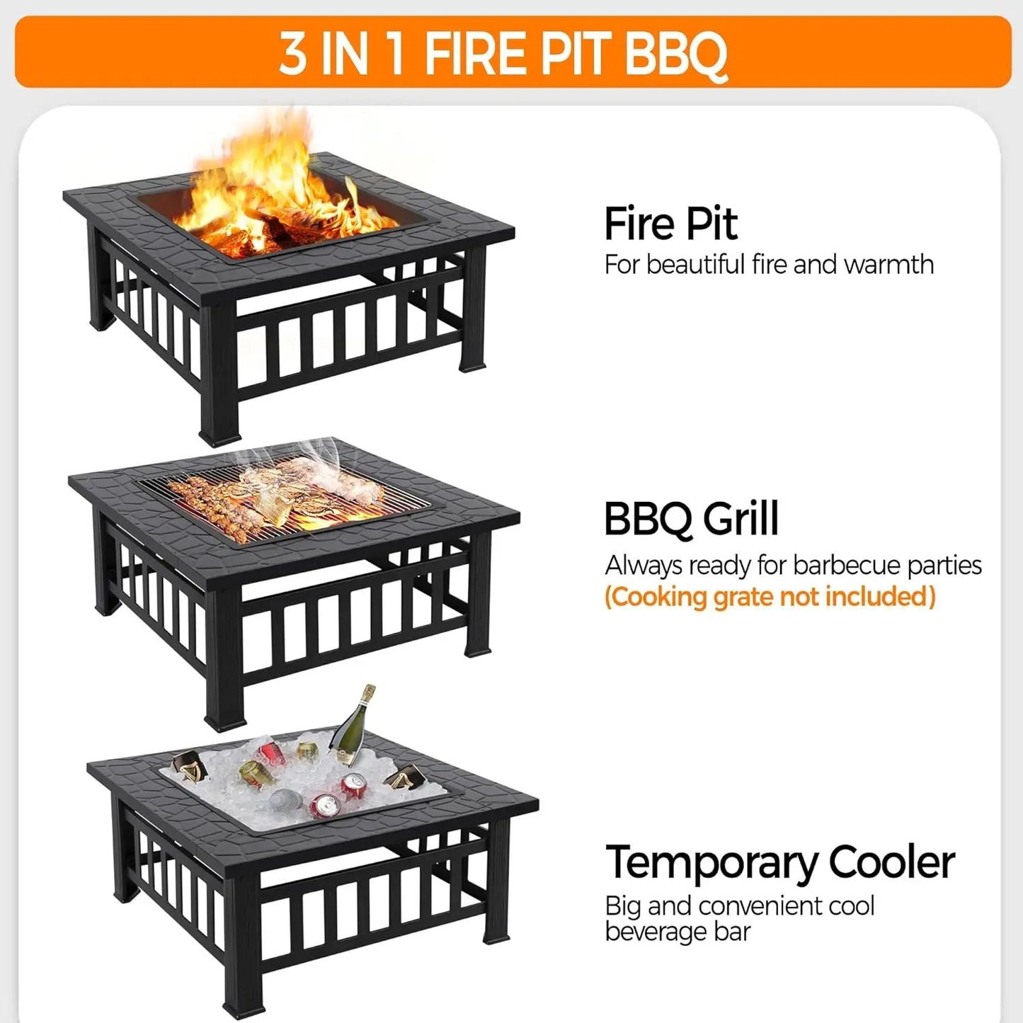 Multifunctional Fire Pit Table 32in Square Metal Firepit Stove