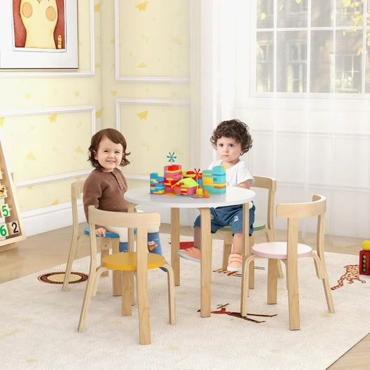Kids Wooden Round Table with 4 Chairs Set
