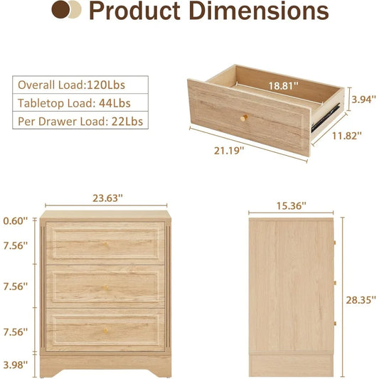 Set of 2, Wooden 3-Drawer Bedside Table with Carved Sides