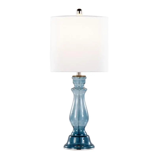 Contemporary 25" Glass Table Lamp, Set of 2, Clear Angel Blue Seeded Glass with White Linen Shades