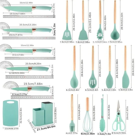 19 pcs Set w/kitchen knives, utensils, and a knife holder, high carbon steel