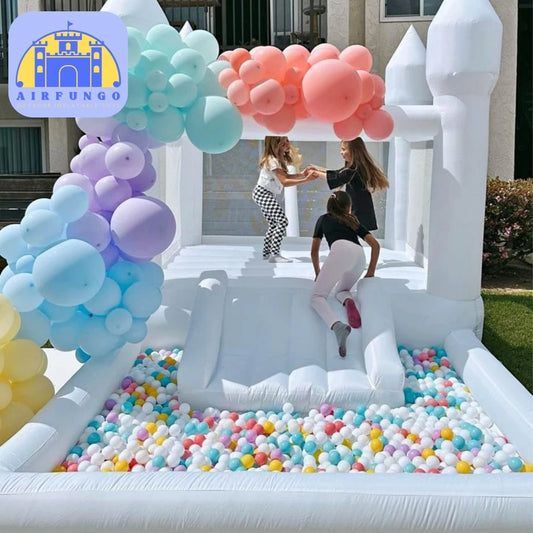 Kids 8x13x8ft Soft Play White Bounce House With Slide and Ball Pit With Blower