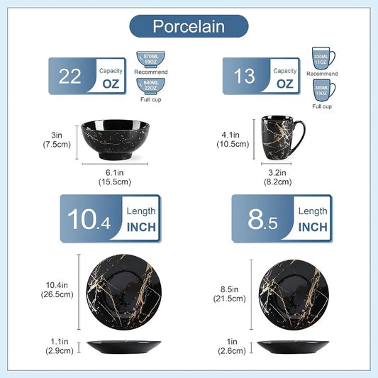 16 Piece Porcelain Dinnerware Set for 4 with Golden Spatter Design - Microwave and Dishwasher Safe