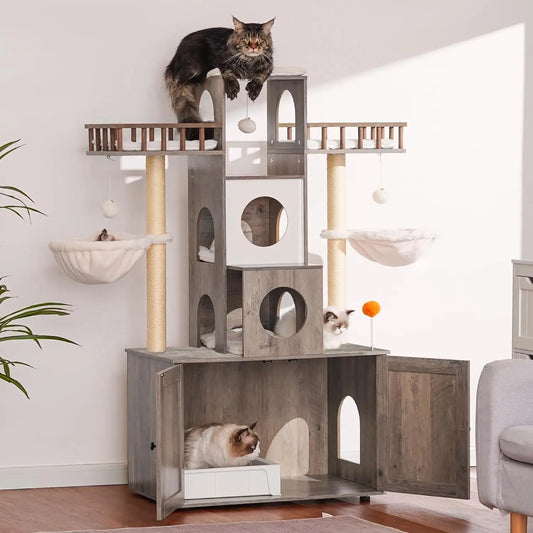 Heavy Duty Large Cat Tower with Litter Box Enclosure, Multi-Levels, and Scratching Posts