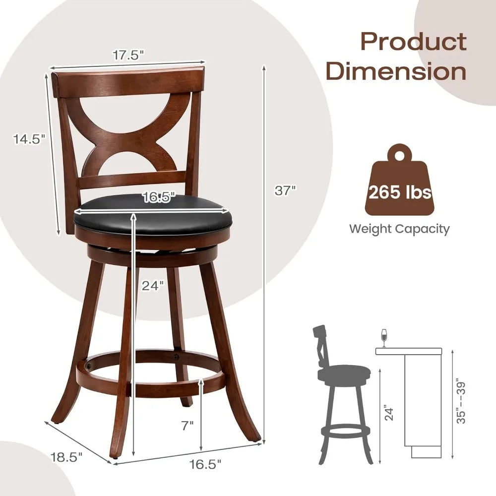 Wood Frame Swivel Upholstered Stools, Set of 4, Counter Height with Back & Footrest,