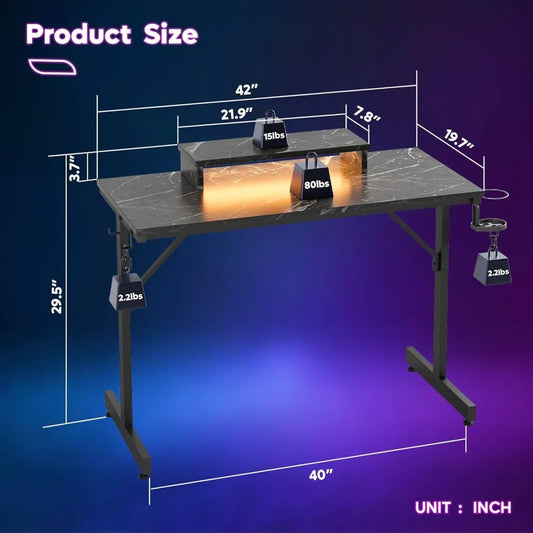 Gaming/Computer Desk with LED Lights, 42 inch Desk with Monitor Stand, Gamer Workstation, Cup Holder & Hooks,