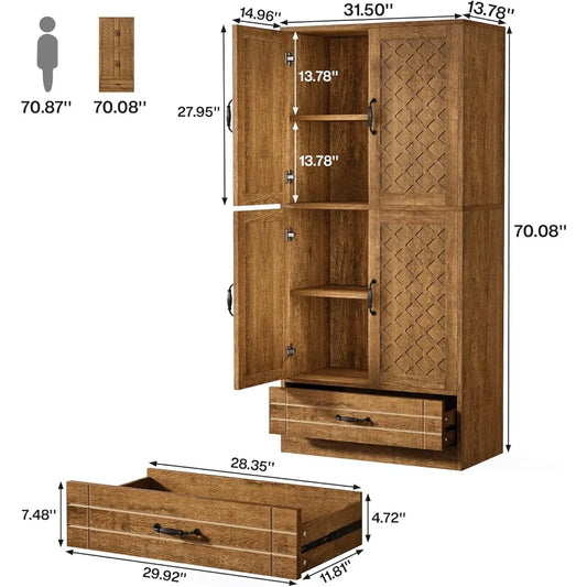 70 Inches Wooden Tall Storage Cabinet with Doors and Drawer