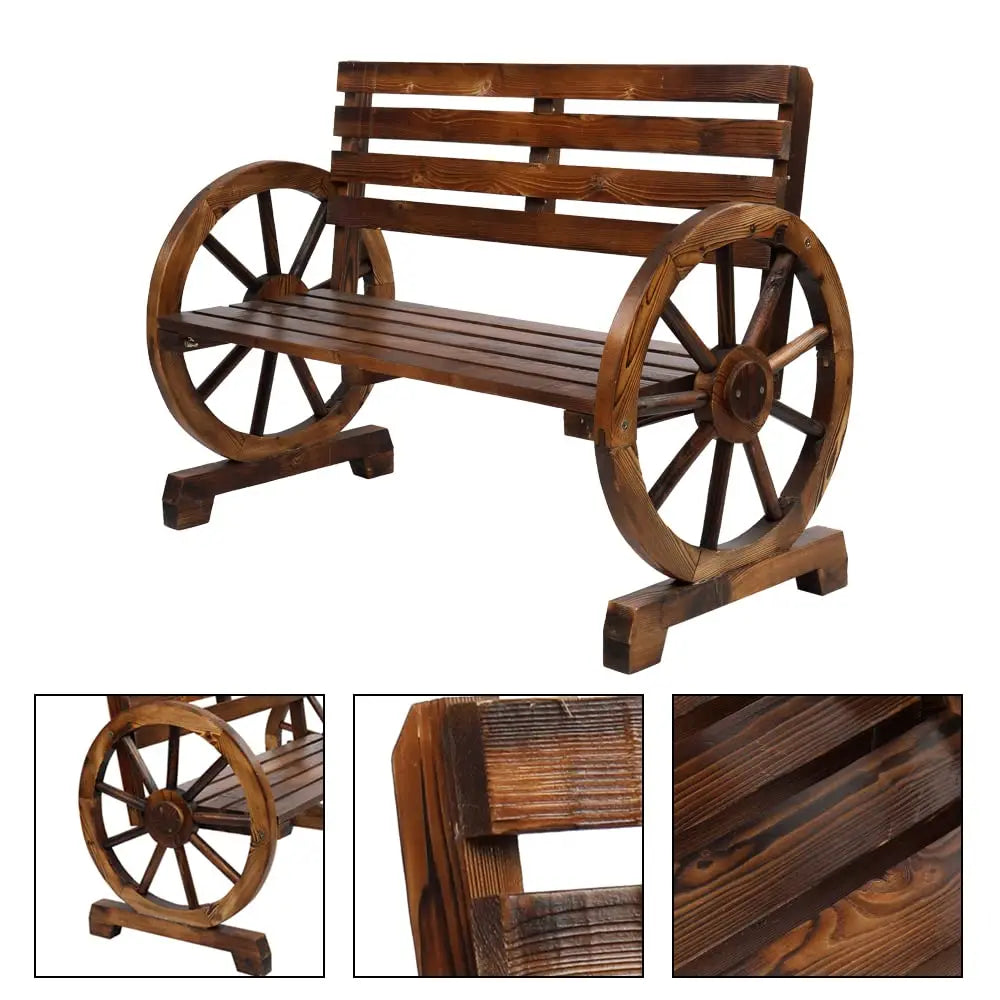 Wooden Rustic Wagon Wheel Bench with Armrest & Fir Construction