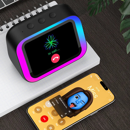 Portable BT Speaker, Voice Assistant, Alarm Clock with RGB Lights, and Additional Functionalities