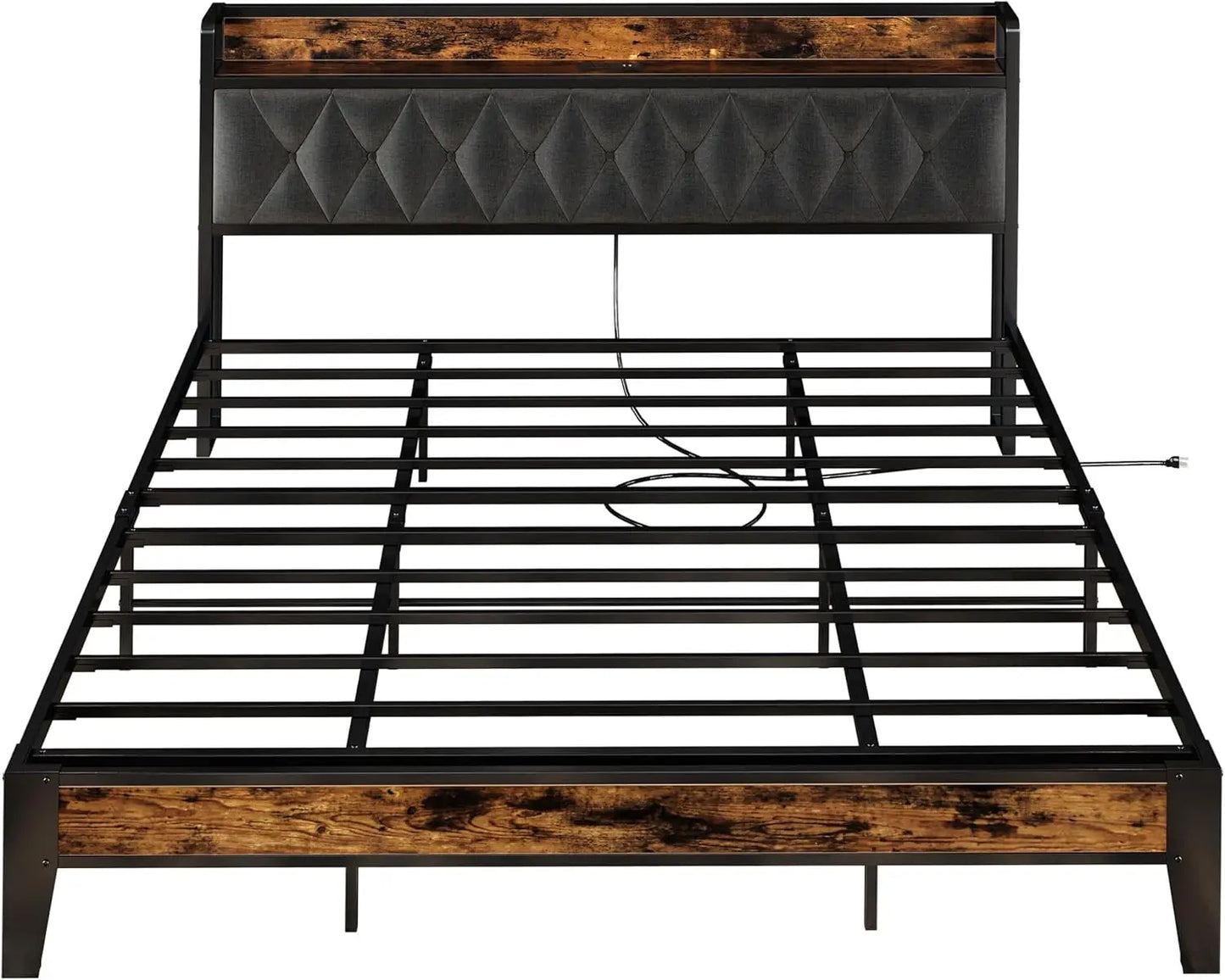 Bed Frames, Storage Headboard with Outlets, No Box Springs Needed
