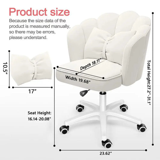 Petal Desk/Vanity Chair with Bow Cushion-Velvet Fabric with Wheels, Upholstered