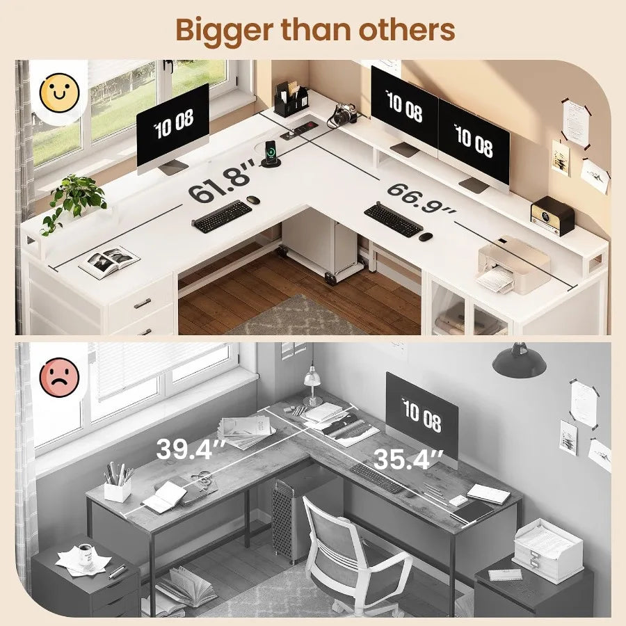 L Shaped Desk with 4 Drawers with Display Cabinet 2ith LED Lights