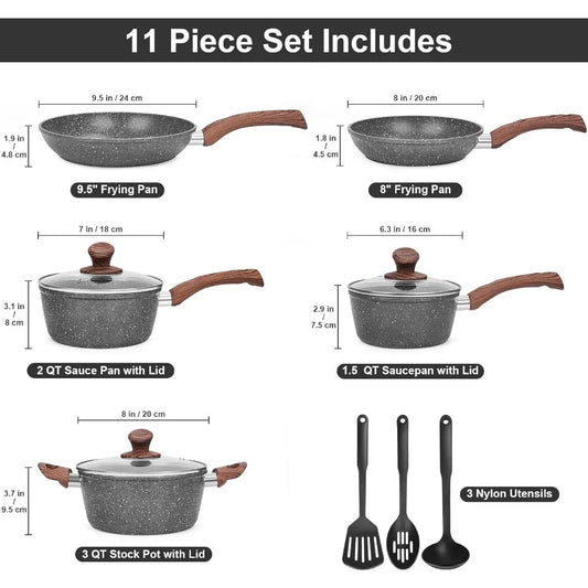 Granite Pots and Pans on Stick, 11 Piece Set, Die Cast Induction Cookware Set