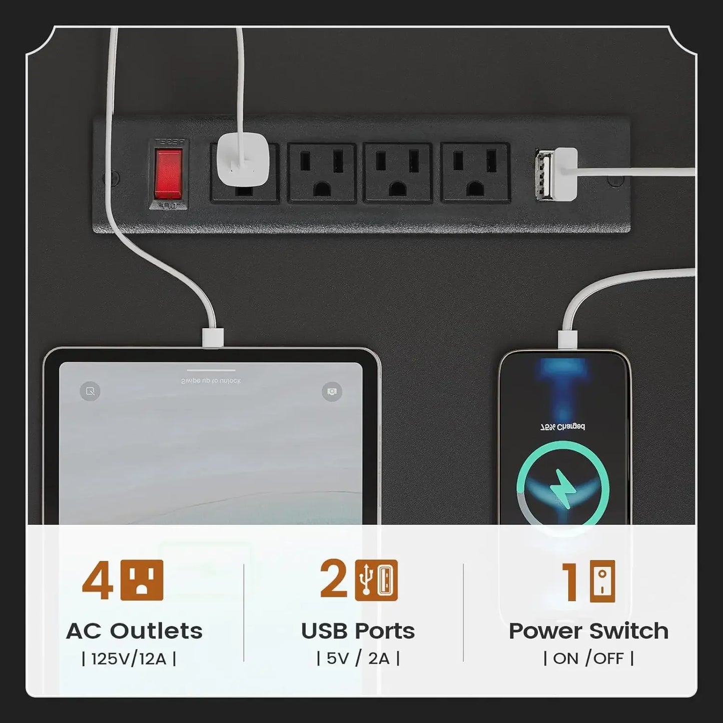 55" Desk with 3 Drawers and 4 AC outlets, 2 USB Ports, and on/off switch