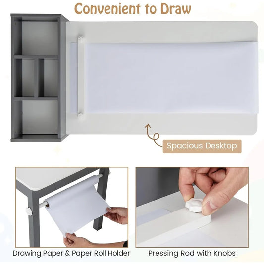 Kids Table and Chairs, 3 in 1Wooden Drawing Table with 2 Chairs