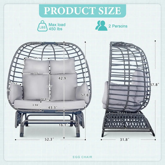 Double Egg Patio Chair - 500lbs Capacity For 2 Person, Oversized Wicker Rocking/ Glider Chair
