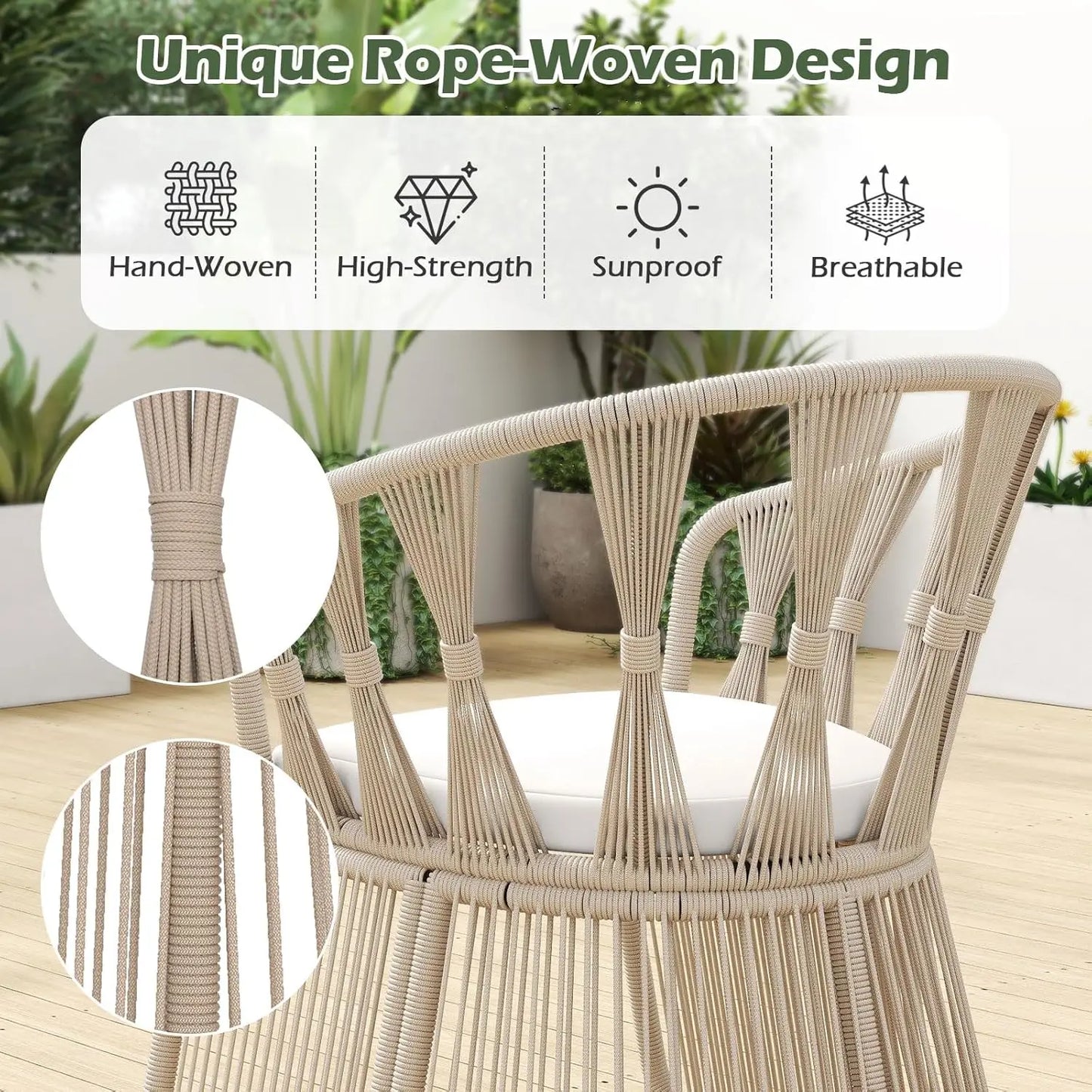 3 Piece Patio Rope-Woven Cushioned Armchairs & Table Set with Tempered Glass Tabletop