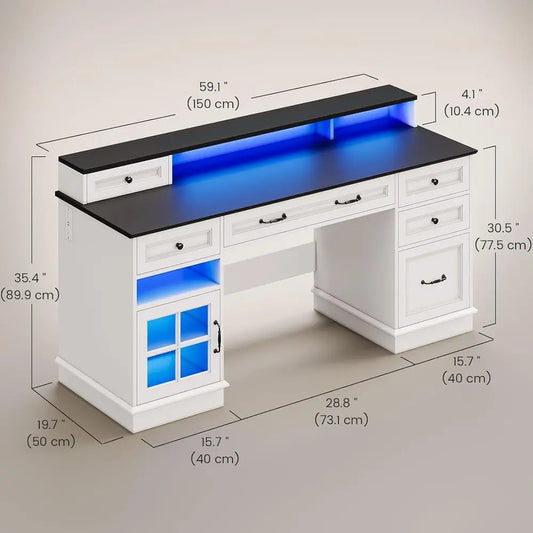 Executive Desk with Drawers with File Drawers, Power Outlet, Remote and Led Lights