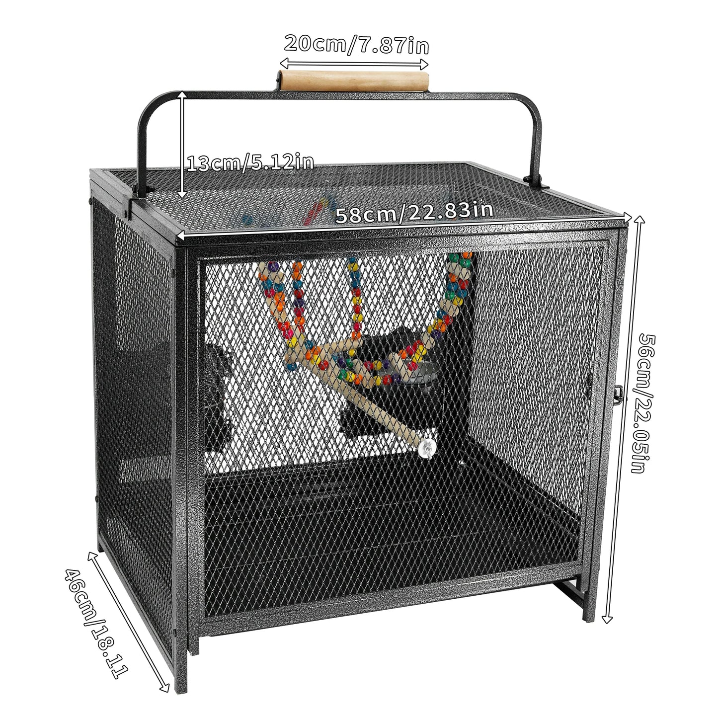 Wrought Iron Bird Play Area/ Carrier Cage with Handle, Wooden Perch & Bird Toys