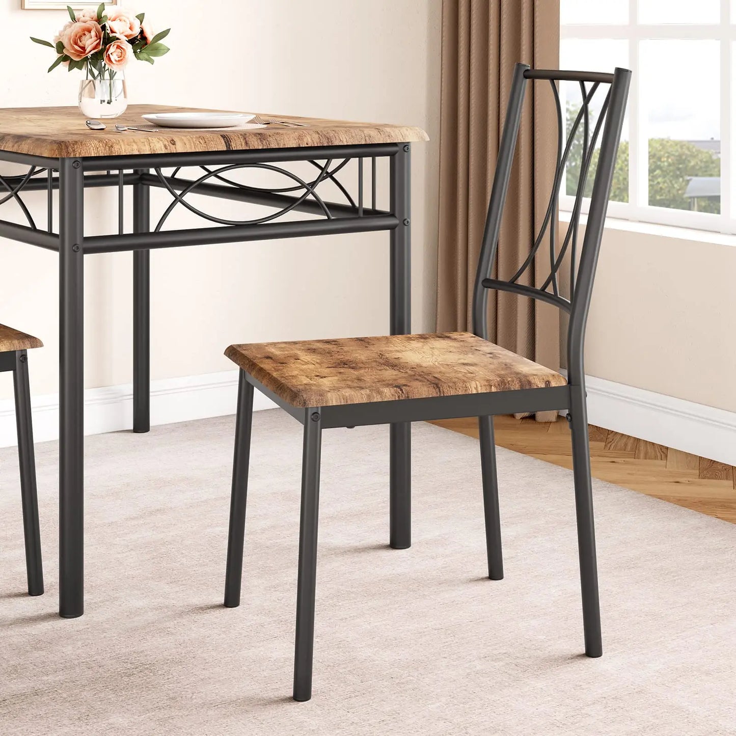 Kitchen Table with 4 Chairs, Metal and Wood Rectangular