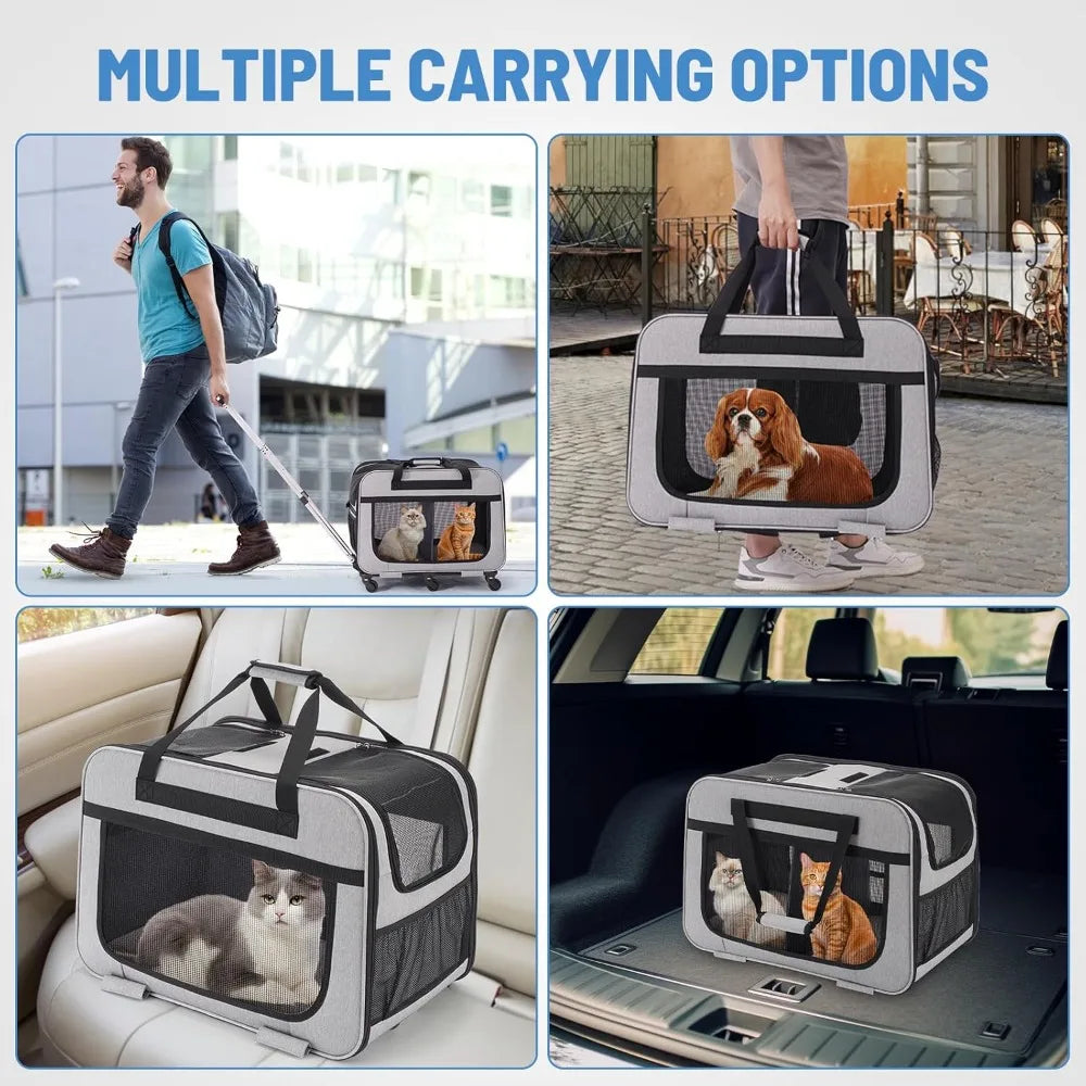 Double Pet Carrier with Adjustable Handle, Mesh Windows, Foldable Supports up to 40 Lbs