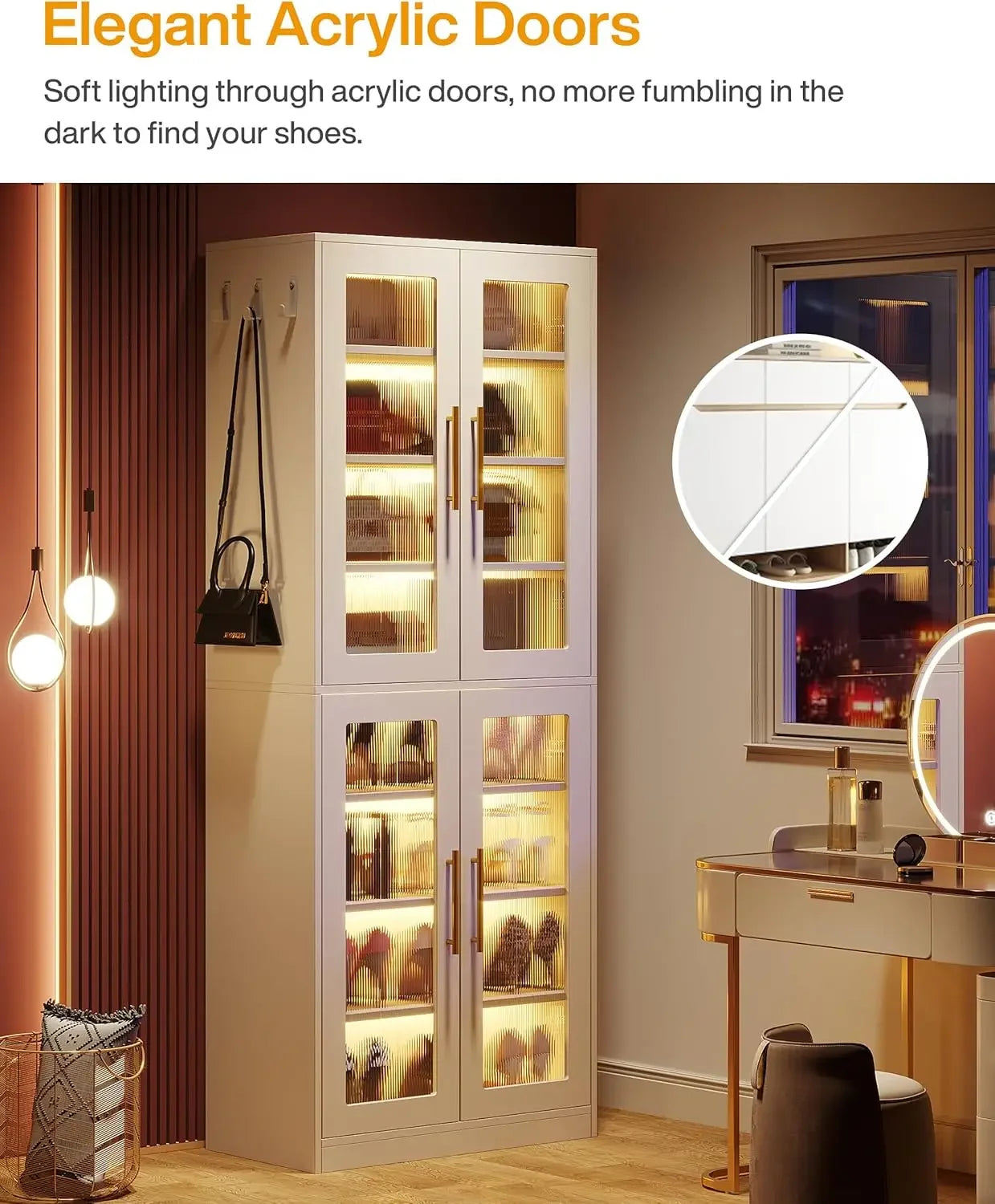 Tall Storage Cabinet with Acrylic Doors and LED Lights with Adjustable Shelves