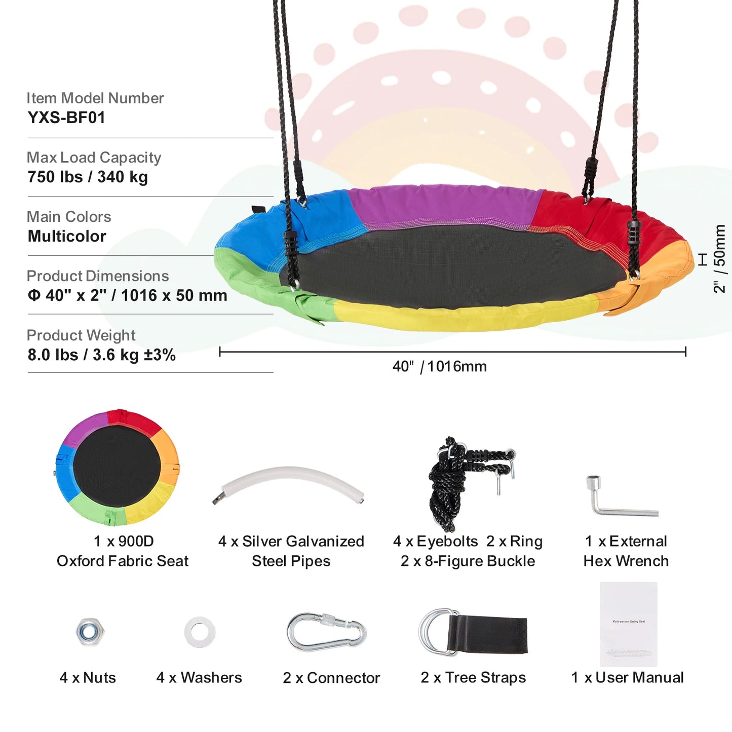 Tree Saucer Swing Seat 750lbs capacity w/ Adjustable Multi-Strand Ropes