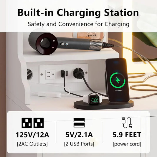 Vanity Desk with Mirror and Lights with Charging Station, Power Outlet, USB Ports, and APP Control