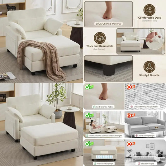 Large Chenille Upholstered Chaise Lounge with Ottoman and Sofa Bed