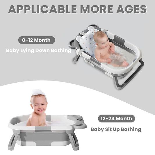 Folding Baby Bath Tub (0-36 months)– with Thermometer, Anti-Slip & Bath Cushion