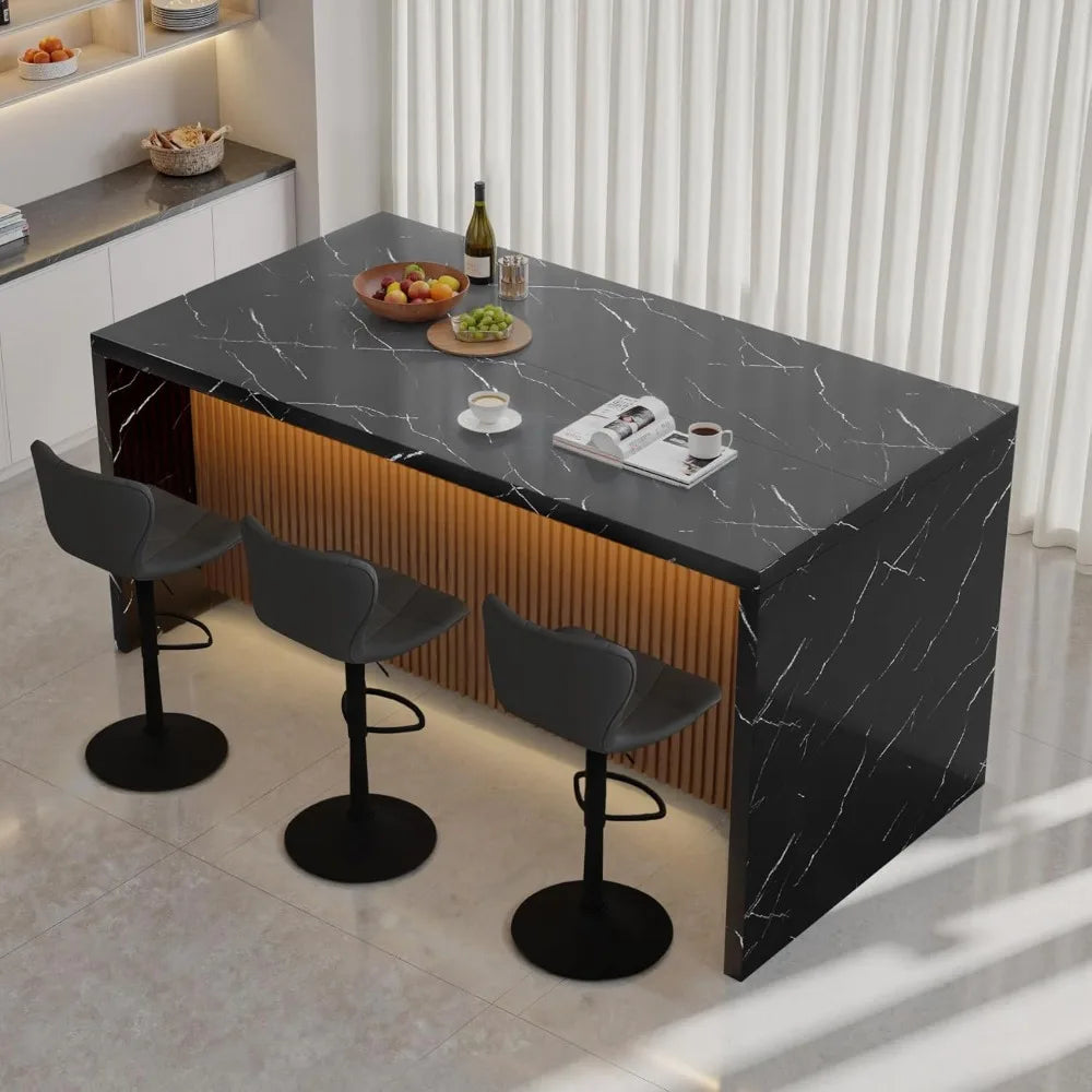 Modern Island/Dining Table for 4-6 People, Artificial Marble with LED Lights