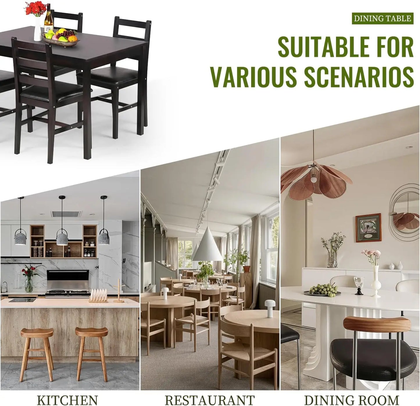 5 Piece Set -Kitchen Table and 4 Chairs, Padded Seats, Solid Wood