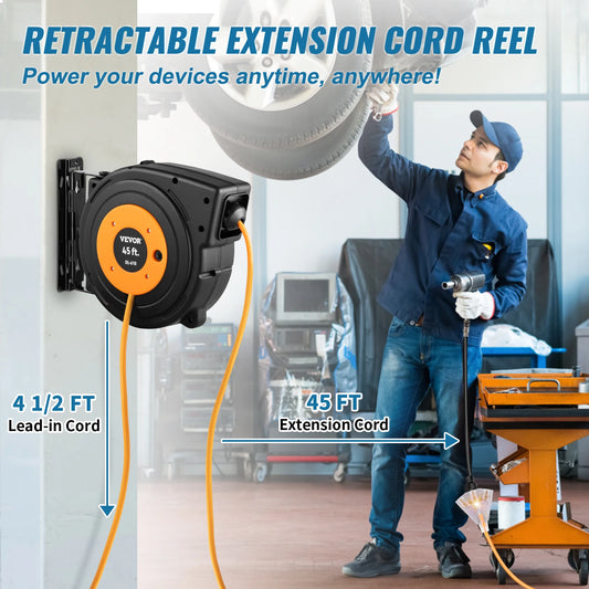 Retractable Extension Cord Reel with Lighted Triple Tap Outlet