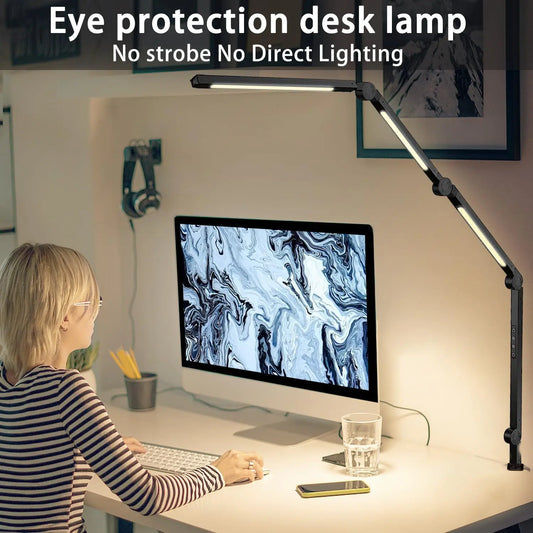LED Desk Lamp with Clamp, Flexible 4 sections Swing Arm - Three light sources with 4 Color Modes & 5 Brightness Levels