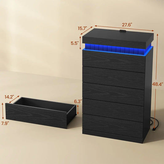 Modern Tall Dresser with 5 Wood Drawers- LED Light Strip and Built-in Charging Station