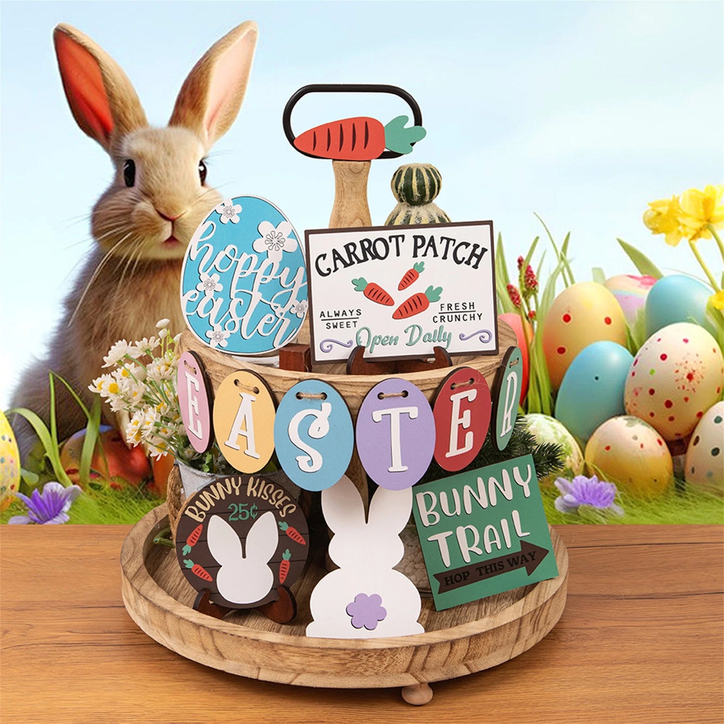 Easter Bunny Table Centerpiece Set with Vintage Wood Block Letters