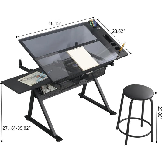 Table w/Stool, Crafting Table with Tilting Tempered Glass Top, 2 Storage Drawers, Height Adjustment