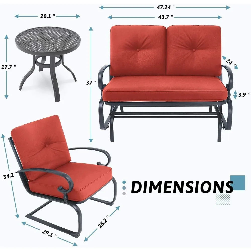 4-Piece Outdoor Patio Set - Swing Glider Loveseat and Spring Lounge Chairs with Side Table