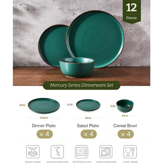 12-Piece Stoneware Dinnerware Set for 4, Microwave & Dishwasher Safe