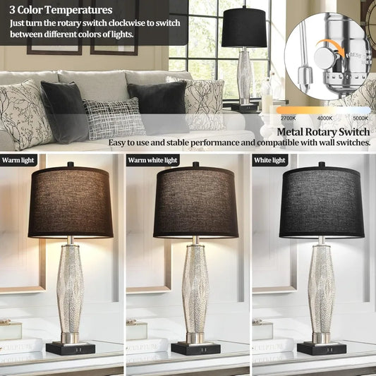 Modern Glass Table Lamps, Set of 2, with USB A+C Charging Ports