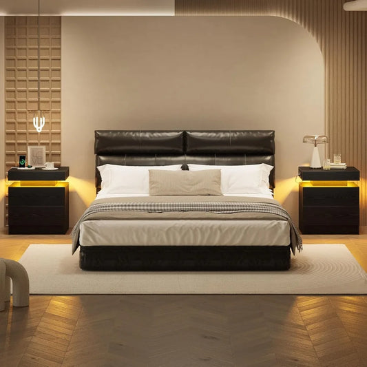 Modern End Table/Nightstand with 2 Drawers, LED Light, 2 Drawers, and Charging Station