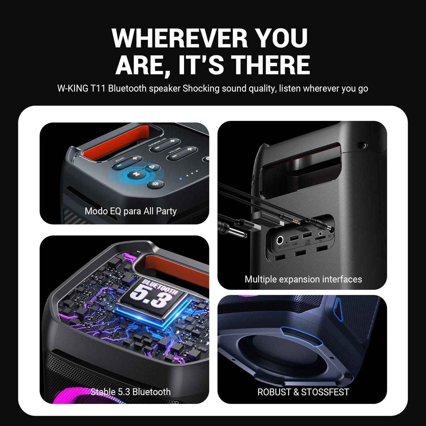 100W RMS Bluetooth Speakers, Waterproof, Portable, Party Boombox, Wireless w/lights